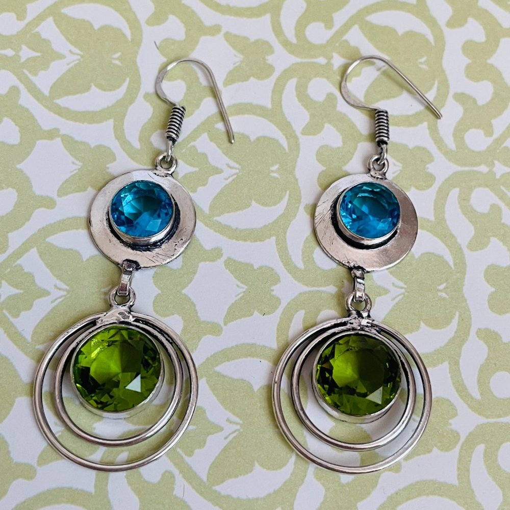 Blue Topaz/Peridot Gemstone 925 Sterling Silver Plated Artisan Dangle Earrings - Picture 6 of 7